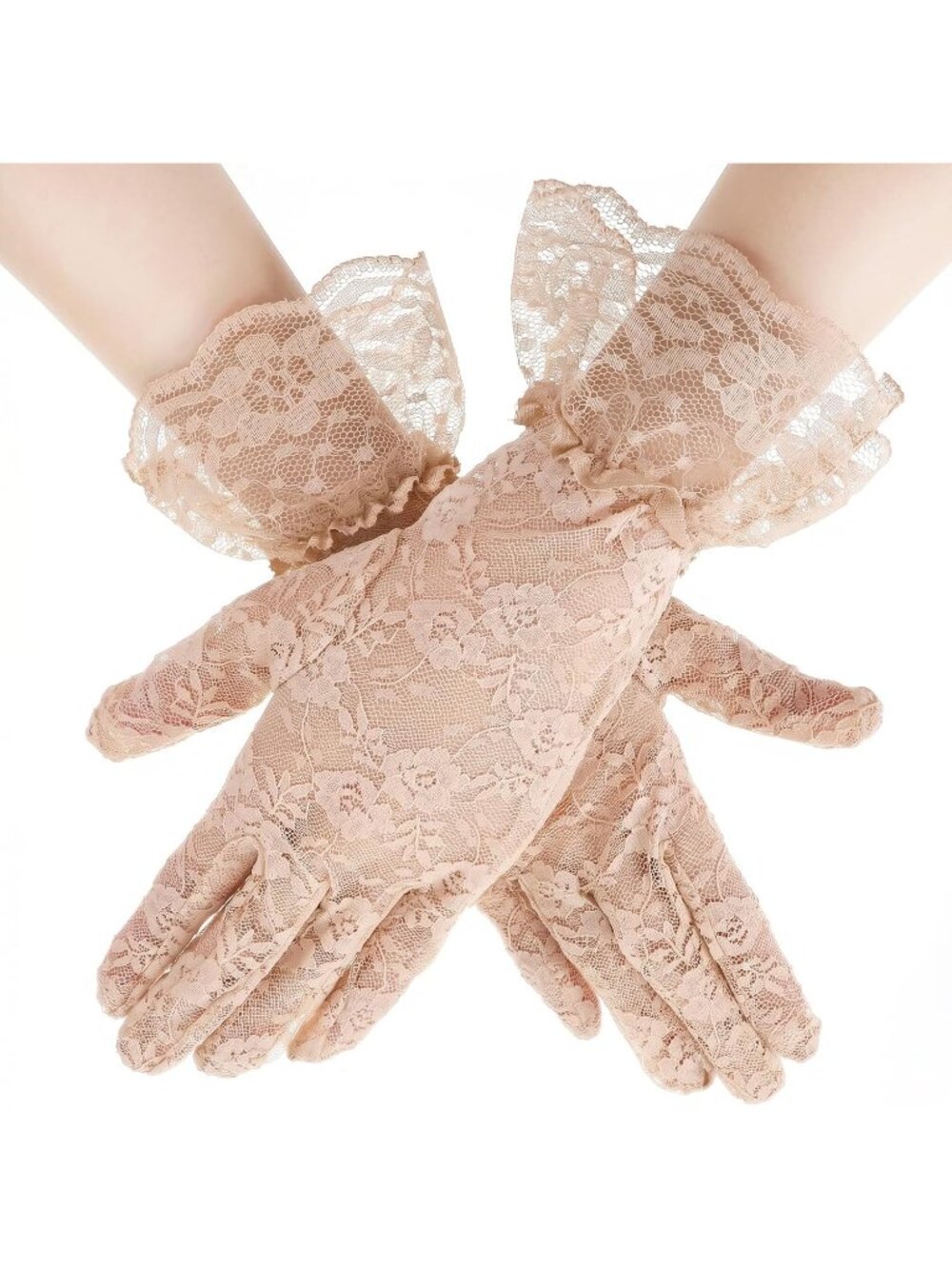 Womens Nude Short Ruffled Wrist Cuffs Floral Lace Vintage Style Opera Gloves